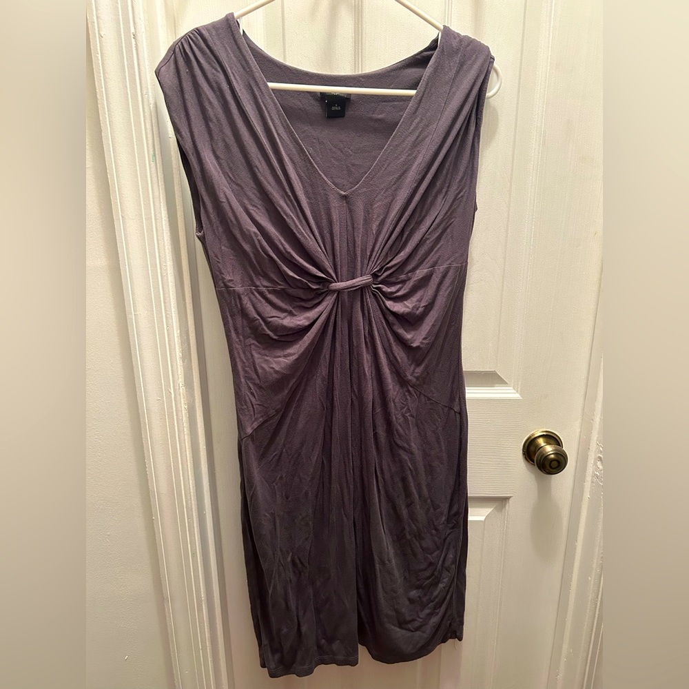 Gray Ann Taylor jersey dress LINED size S — sleeveless sheath w/ gathered waist